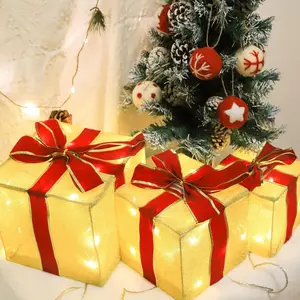 Christmas Box Decorations:Set of 3 Christmas Lighted  Boxes with Red Bows for Christmas Tree - Indoor Outdoor Holiday Decors