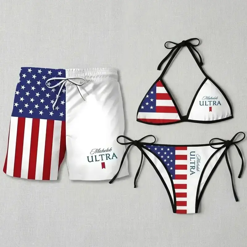 Matching Michelob ULTRA American Flag Swimsuits for Couples - Women's Triangle Tie Side Bikini Set & Men's Quick Dry Beach Swim Trunks, Patriotic Summer Beachwear
