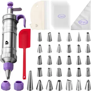Dessert Decorating  Set icing piping kit Stainless Steel frosting piping kit with 31 professional piping tips 50 disposable piping bags 1  spatula 1 set of soft cake scrapers,
