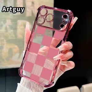 Phone Case For iPhone 17 Pro Max 16 15 Plus Air 14 13 12 11 E Pink Checkered Pattern Pattern Clear Protective Four Corners Air Cushion Anti-drop Premium Plated Cover