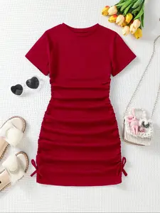 Girls' Wrinkled Bow Dress, Round Neck Dress, Casual Polyester Knit Fabric, Slightly Stretchy, Suitable for Spring/summer/autumn