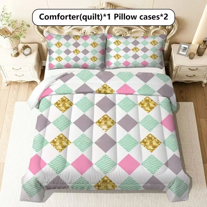 3-Piece Modern Geometric Diamond Pattern Quilt Set - Soft, Lightweight, Versatile, 200gcm Quilted Filler, Includes 1 Quilted Quilt and 2 Pillowcases (without Pillow Core) - Perfect for Bedrooms, Dormitories, Air Conditioned Rooms, Gifts