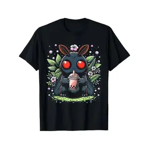 Summer t Shirts [Mothman Boba Tea Graphic Tee] Soft Cotton Mothman Boba Tea Kawaii Graphic Tee