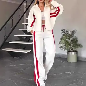2025 Autumn and Winter Women's Fashion Striped Zipper Top Jacket Casual Sports Suit