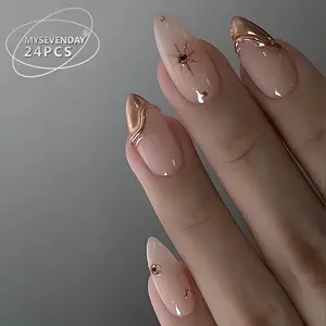 24pcs Medium Long Almond Press-On Nails, French Gold Sun Design with Sparkling Diamonds, Glitter Rhinestone, Reusable Nail Art for Women Party Daily Wear