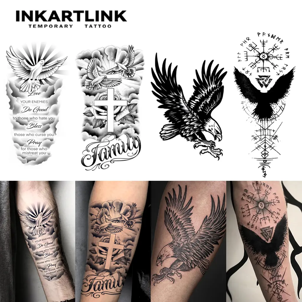 INKARTLINK Tattoo Tech, 2 Sheets Semi-Permanent Temporary Tattoos ,Dove of Peace, Eagle,Adult Art Design,Lasts 1-2 Weeks, Waterproof, Realistic Look, No Adhesive, No Reflection,For Man And Woman,Ideal for Swimming, Party