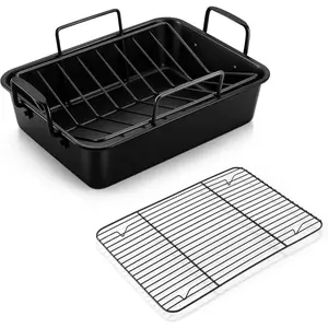 Roaster Roasting Pan with Baking Rack and V-shaped Rack, Stainless Steel Rectangular Lasagna Pan with Handles for Turkey Chicken, Healthy & Dishwasher Safe, 3 Pieces, (14", Black)