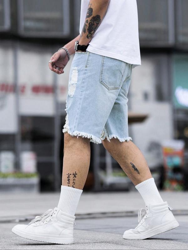 Plus Size Men's Casual Fashion Straight Leg Jeans, Street Style Ripped Denim Shorts, Perfect for Summer Daily Wear