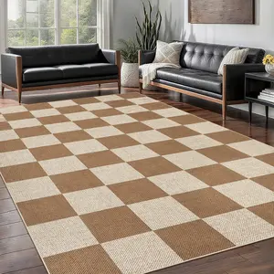 Jute Indoor/Outdoor Rug Modern Geometric Style Machine Washable Area Rug Checkered Pattern Interior Decorating Rug Soft and Non-slip for Dining Rooms Apartments Farmhouses Offices Game Rooms