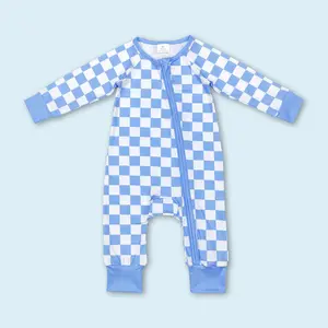 Blue checkered long sleeves baby kids zip romper