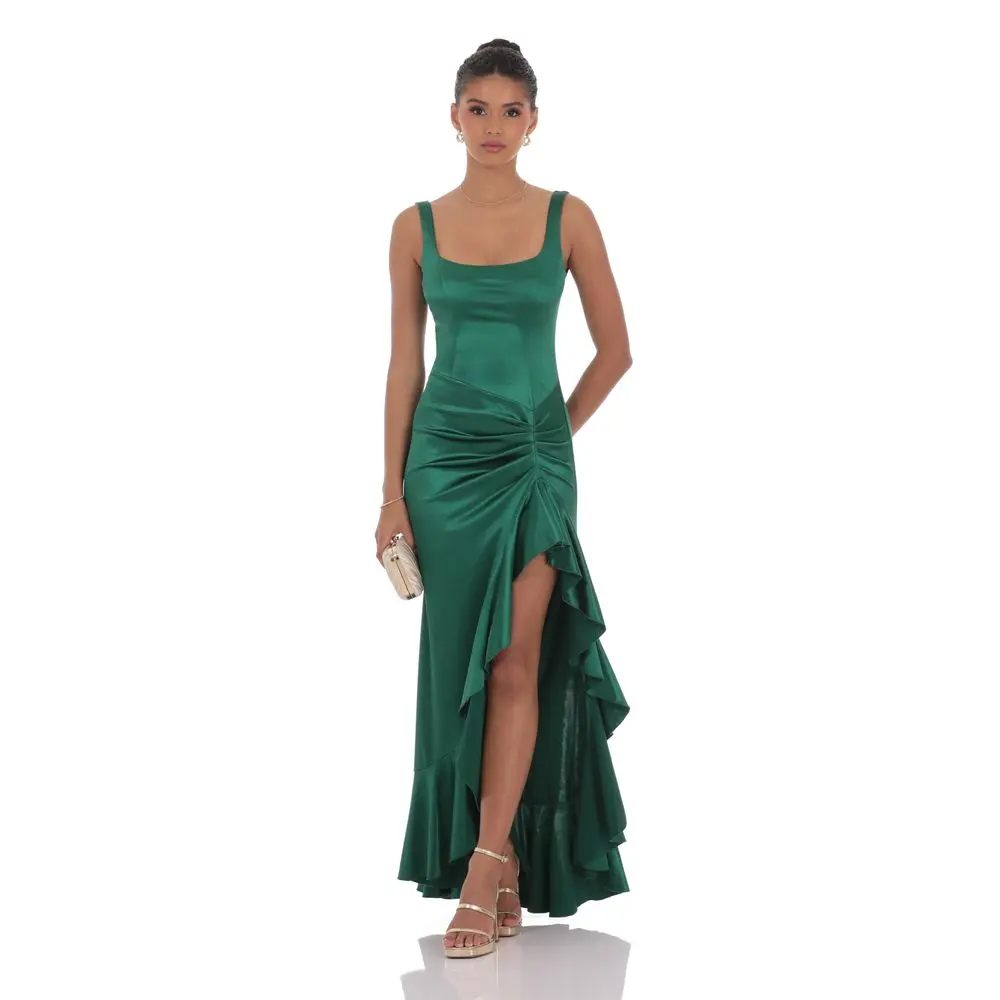 Satin Ruched Ruffle Slit Maxi Dress in Green