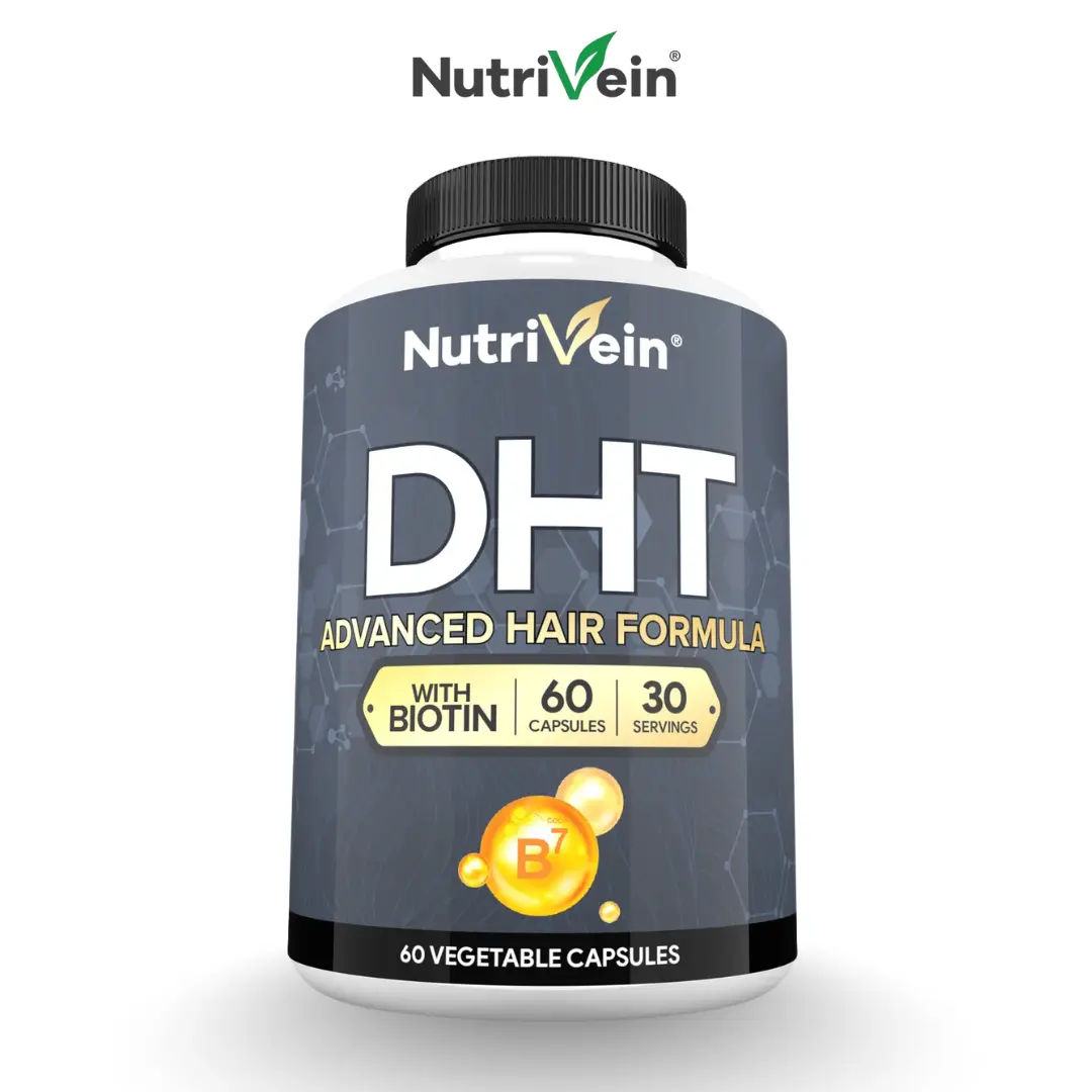 Nutrivein DHT Blocking Formula with Biotin for Hair, Biotin Capsules Dietary Supplement, Plant-Based Vitamin Formula, Herbal Blend Nutrition Support, Fitness & Daily Wellness, 60 Capsules, 30 Day Supply, 2 Capsules Daily