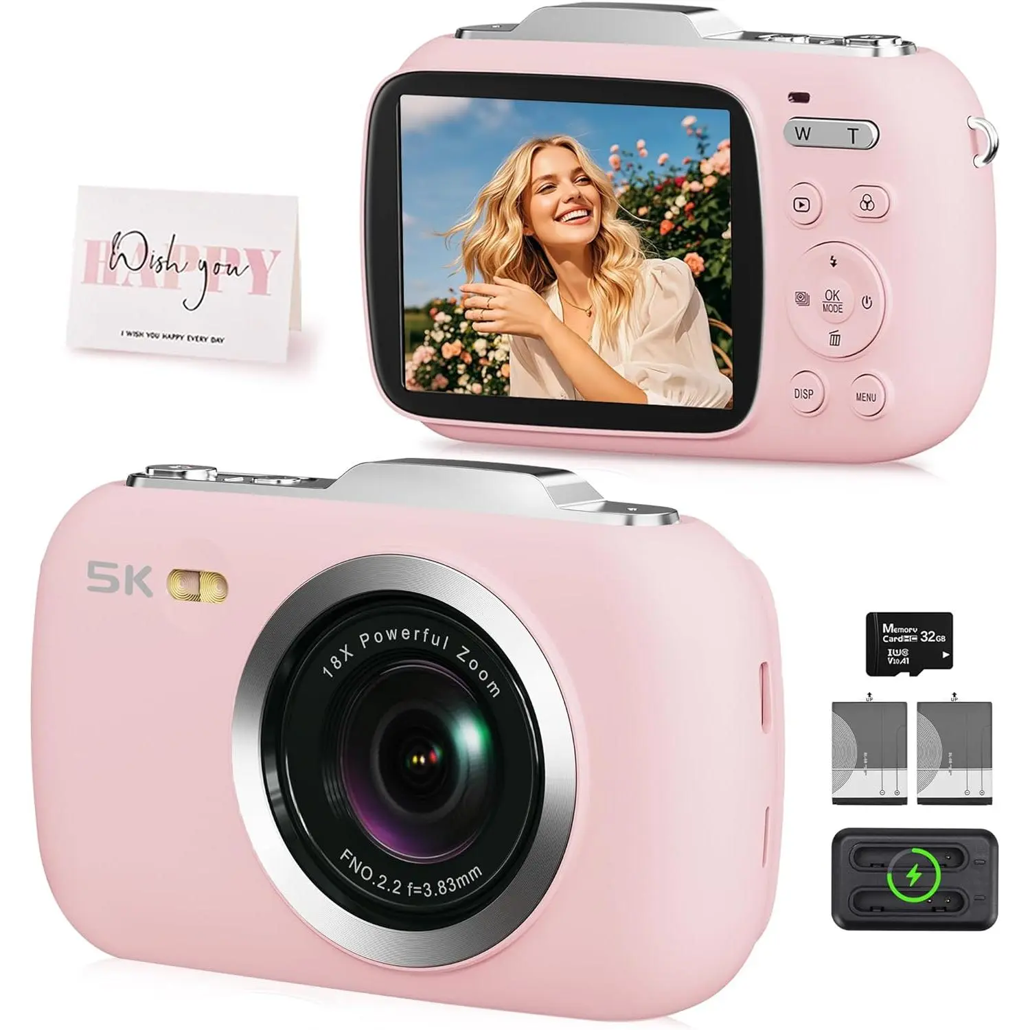 Digital Camera, 5K Vlogging Camera for Photography, 80MP Autofocus Point and Shoot Digital Camera for Beginner Teens , 18X Zoom Portable Compact Travel Camera, Flash, 32GB Card & 2 ()