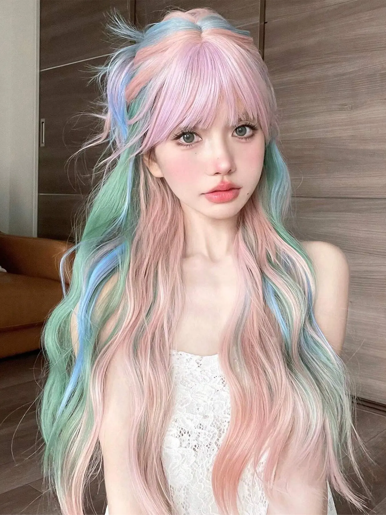 26 Inch Ombre Color Long Wavy Wigs for Women, Gorgeous Fluffy Wigs with Blunt Bangs, Synthetic Full Machine Wigs for Party, Daily Use, Loose Wave Wigs, Synthetic Hair Wigs