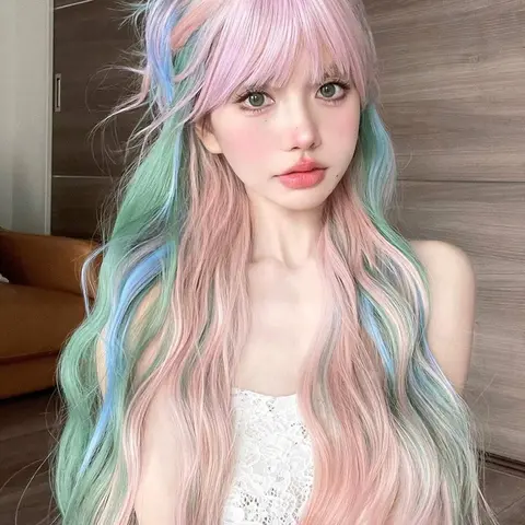 26 Inch Ombre Color Long Wavy Wigs for Women, Gorgeous Fluffy Wigs with Blunt Bangs, Synthetic Full Machine Wigs for Party, Daily Use, Loose Wave Wigs, Synthetic Hair Wigs