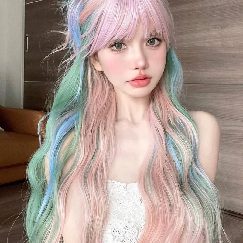 26 Inch Ombre Color Long Wavy Wigs for Women, Gorgeous Fluffy Wigs with Blunt Bangs, Synthetic Full Machine Wigs for Party, Daily Use, Loose Wave Wigs, Synthetic Hair Wigs
