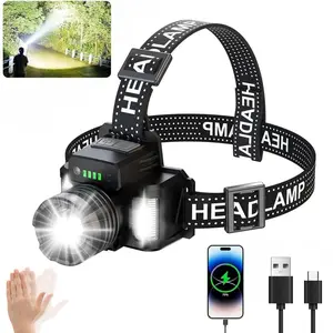 1PC LED Headlamp with Motion Sensor, 90° Adjustable 30W LED Super Bright Head lamp with Red Blue Light, Head Lamps Led Rechargeable Headlamps for Adults, 9 Modes Waterproof Zoomable Headlight, Usb Rechargeable Headlamp for Outdoor,Hunting,Fishing,Camping