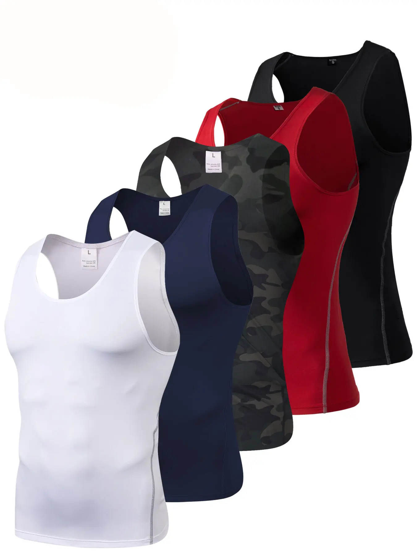 Men's 5-Pack Camouflage Sleeveless Compression Shirts - Activewear Athletic Compression Shaper Vest, Elastane Sports Baselayer for Baseball, Recommended Size Workout Undershirt