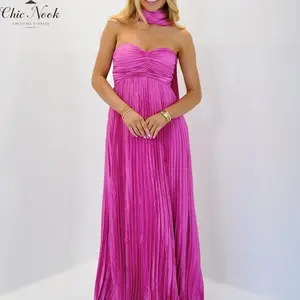 Women’s long solid-color pleated tube dress, summer fashion backless strapless casual dress with choker scarf