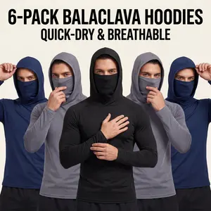 Set of 6 men’s hooded sweatshirts with a face mask design, made from high-elasticity, quick-drying, breathable fabric—ideal for outdoor fishing and running.