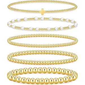Gold Beaded Bracelets for Women, 14K Real Gold Plated Jewelry for Women Dainty Pearl Bead Bracelets Stack, Non Tarnish Trendy Stackable Ball Cross Stretch Bracelet Set Fashion Accessories Gifts for Women