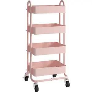 4 Tier Rolling Cart Pink Cart with Wheels,Rolling Pink Cart for Office,Home,,(13.4"x18.1"x40")