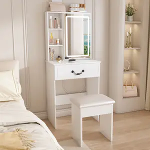 Modern Mini Vanity Desk with LED Mirror & Hidden Storage, Adjustable Brightness Dressing Table with Dust-Proof Shelves, Includes Padded Stool for Small Bedrooms