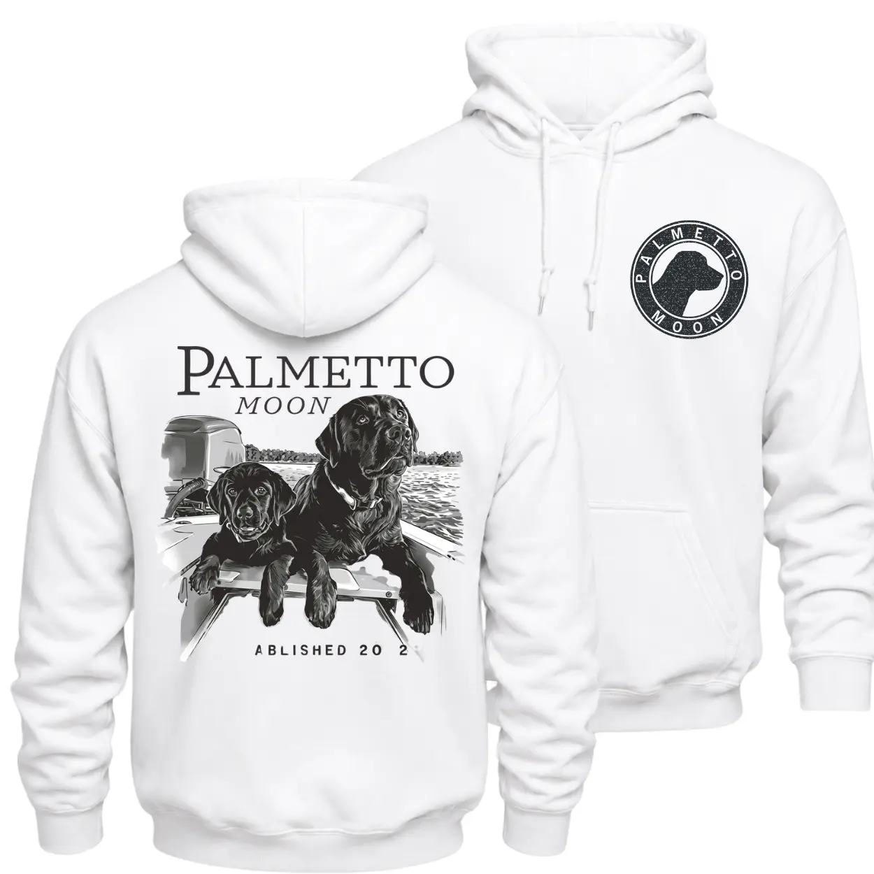Palmetto Moon Outdoors Hunting Dog Hoodie, Black Labrador Boat Graphic Pullover, Front Chest Logo and Large Back Print Hunter Hoodie, Southern Sportsman Outdoor Apparel, Fall Winter Hunting Gift for Men and Women