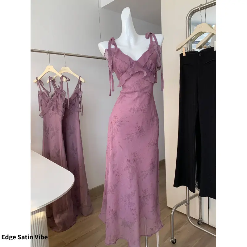 Elegant goddess resort-style dress for women, summer French design, slim-fitting purple long dress