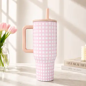HydroJug 40oz Pink Gingham Traveler Tumbler with Handle, Leakproof Stainless Steel Insulated Cup, Checkered Travel Mug, Keeps Cold 24H Water Bottles Bottled Stylish Straw Detachable Beverage Lid Flasks Drinkware Portable Portable Flasks Portable