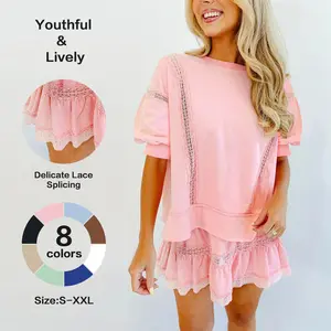 Fisoew Women's 2 Piece Cotton Lace Trim Outfit Set Short Sleeve Puff Sleeve Top & Ruffled Shorts Soft Casual Outfit