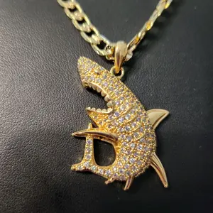 16 - Shark Pendant and Cubana 18" Chain Gold-Tone Necklace with Sparkling Design for Versatile Fashion