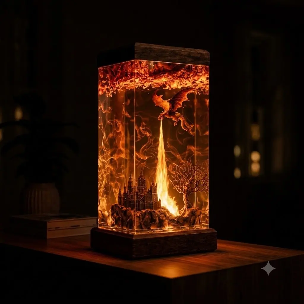 Fantasy Dragon Resin Lamp, Handmade Epoxy Resin Night Light, Glowing Dragon Diorama, Resin Art, Fantasy Home Decor, Dragon Lover Gift, Magical Desk Lamp