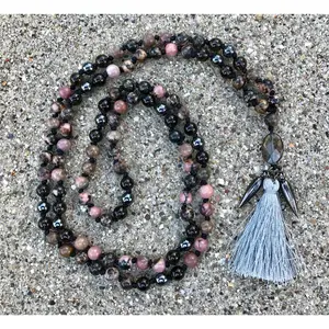 Rhodochrosite, Smoky Quartz and Hematite 6mm Mala with Smoky Quartz focal bead, hematite spike charms and silver tassel