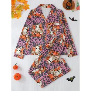 Women's Halloween Pumpkin Bat Print Pajama Set, Lapel Long Sleeve Cardigan & Elastic Waist Pants, All Seasons Sleepwear Home Wear