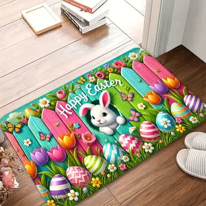 2D Flannel 1pc 1pc Premium Flannel Happy Easter Bunny Egg Tulip Design Door Mat - Non-Slip, Machine Washable, Fade-Resistant, Suitable for Kitchen, Dining Room, Hallway, Bathroom, Bedroom, Study, Indoor/Outdoor Use, High-Traffic Area, Home Decor