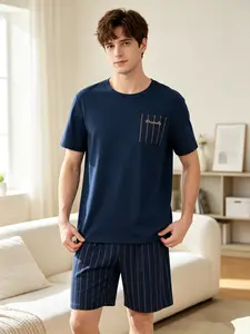 Men's Summer Thin Sleepwear Set, Short Sleeve Shorts 2-Piece, Round Neck, Plaid Line Print Casual Home Wear, Fitted Style, Comfortable Loungewear, Pajama Set, Pjs