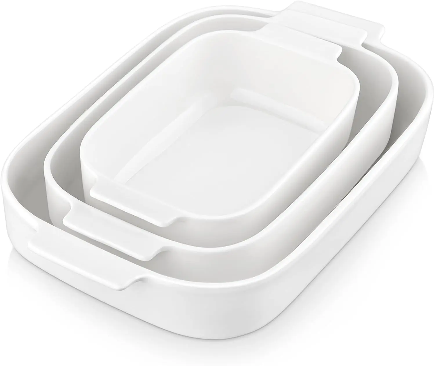 Casserole Dishes for Oven, Porcelain Baking Dishes Set of 3, Durable Casserole Dish Set Lasagna Pan Deep, Ceramic Bakeware Sets with Handles, White (13.8''/11.7''/9.4''), Series Bake