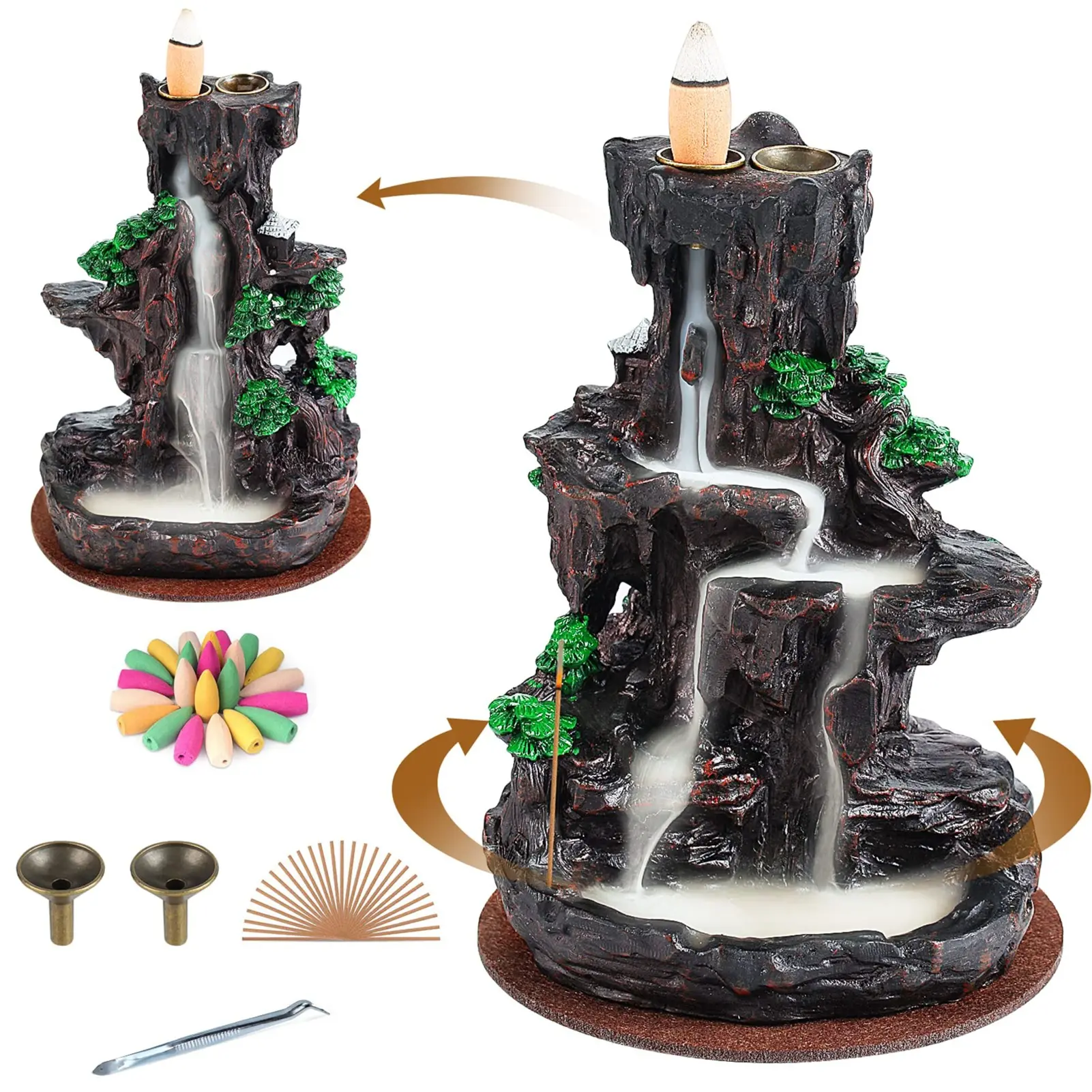 Mountain Waterfall Incense Burner, Backflow Incense Holder 2 Sides Waterfall Incense Burnier with 120 Backflow Incense Cones, 30 Incense Sticks, Aromatcherapy Ornamen for Home