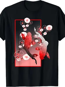 Japanese Koi Koi Fish Cherry Blossom T-Shirt, home leisure, Thanksgiving, fade-resistant, for workers, for adults, Black Friday, everyday casual