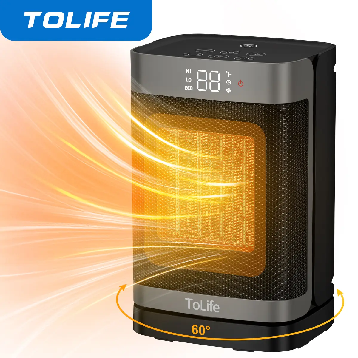 ToLife Space Heater Indoor with Thermostat, 1500W PTC Electric Heater, 60°Oscillating, 4 Modes, 12h Timer, Overheat Protection, Portable Heater for Ho