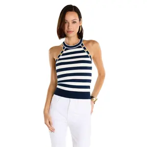Martha Button Halter Tank - Navy Stripe