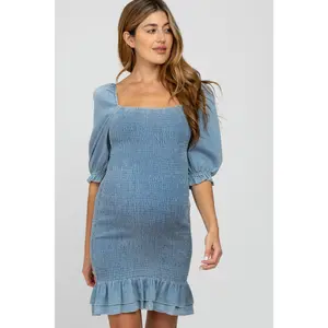 Light Blue Square Neck Smocked Denim Maternity Dress