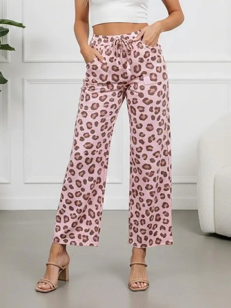 Women's Pink Leopard Print Loungewear Pants - High Waisted, Drawstring, Patch Pocket, Loose, Casual Comfy Bottoms