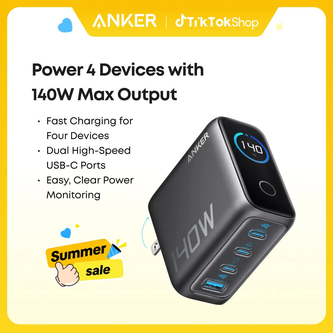 【AI Smart Display Charger】Anker 140W GaN Laptop Charger, 4-Port Power Adapter with Intuitive Touch Controls and Fast Multi-Device Charging, Compatible with MacBook, iPhone 17/16 Series, Samsung, Pixel, and More,#summerwins,FathersDayGift,#DealsForYouDays