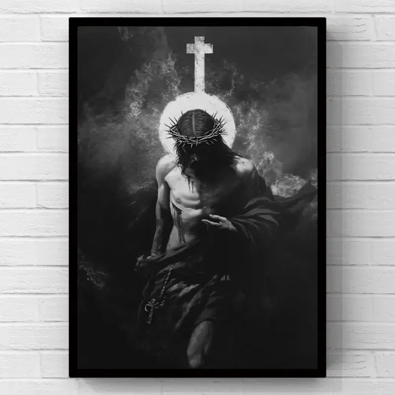 Minimalist black and white Jesus Christ canvas art, crown of thorns Christian religious illustration, 2D flat print wall poster, home decor and bedroom decor artwork, wall decoration, unique gift for prayer room decor