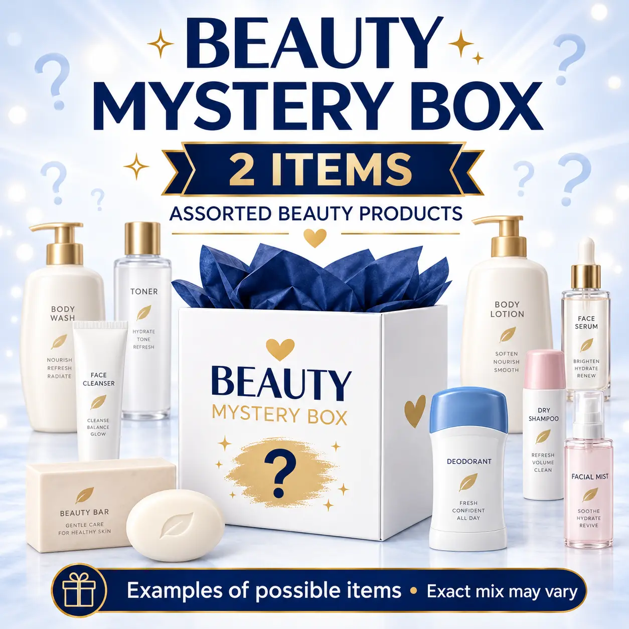 Beauty Mystery Box – 2 Assorted Personal Care Items | Surprise Skincare, Body Care & More Cleansing Deodorant Cosmetic Cleanser