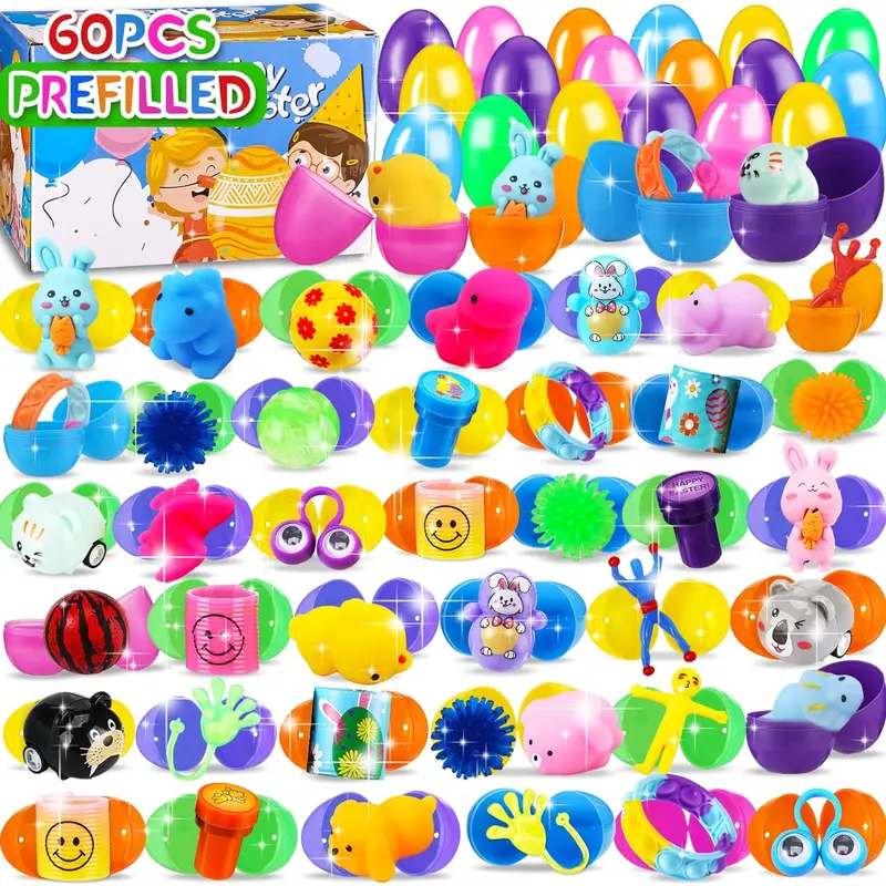 (32/36/48/60 PCS) Prefilled Easter Eggs with Toys – Ready-to-Use Easter Egg Hunt Kit for Kids, Boys & Girls – Non-Candy Party Favors & Easter Basket Stuffers, Easter Gift ,Easter party favors, Easter toys