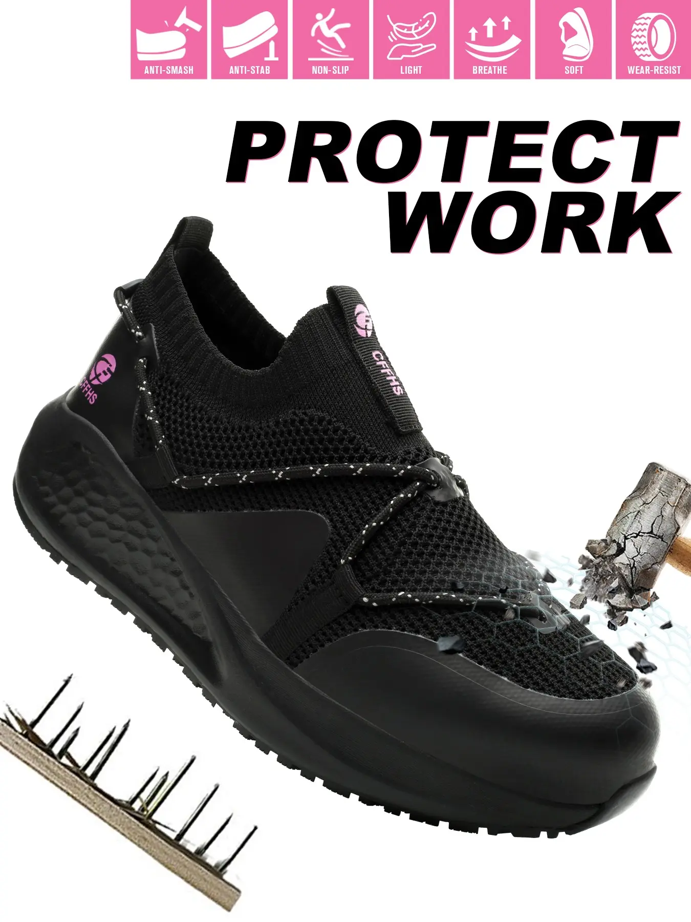 Women's Industrial Safety Shoes, Slip-On Design, Lightweight, Steel Toe Protection, Breathable Mesh, Non-Slip Sole, Nonslip Work Shoes, Ideal for Construction and Warehouse Work, Worker, Steel Toe Footwear