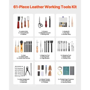 VEVOR Leather Working Tools Kit, 61 PCS Leather Craft Tools with Portable Canvas Storage Bag, Engraving Punching Sewing Stamping Sanding Tools, Ideal for Beginners DIY Enthusiasts and Professionals